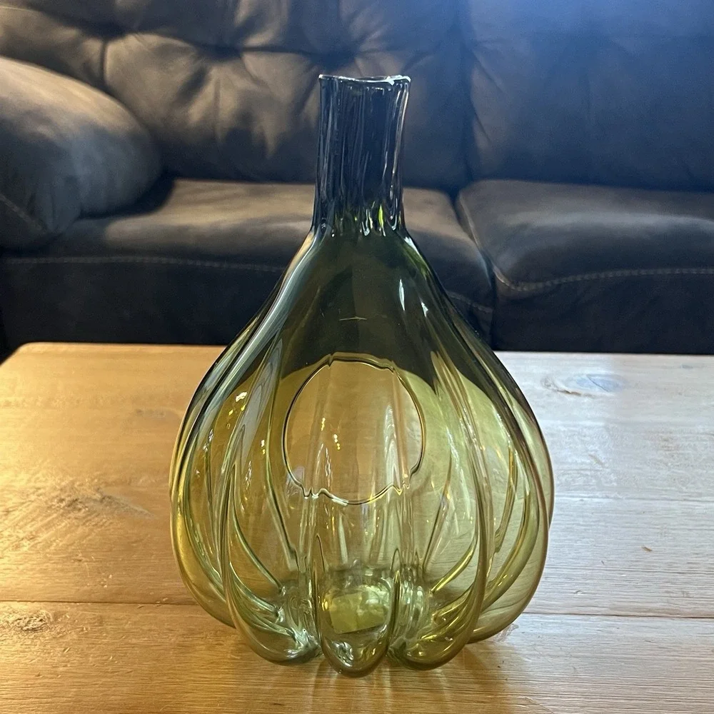 Smith and Hawkin Poland Handmade Art Glass Green Pumpkin Fall Decor Candle Dish